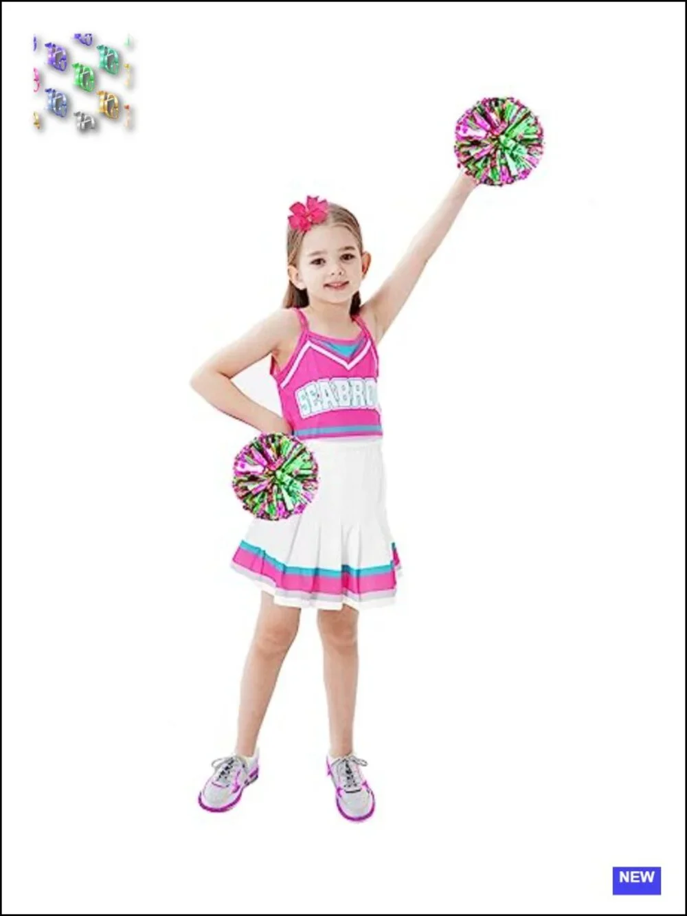 Kids Cheerleader Costume Set with Skirt, Poms, Headband - Halloween Party Outfit
